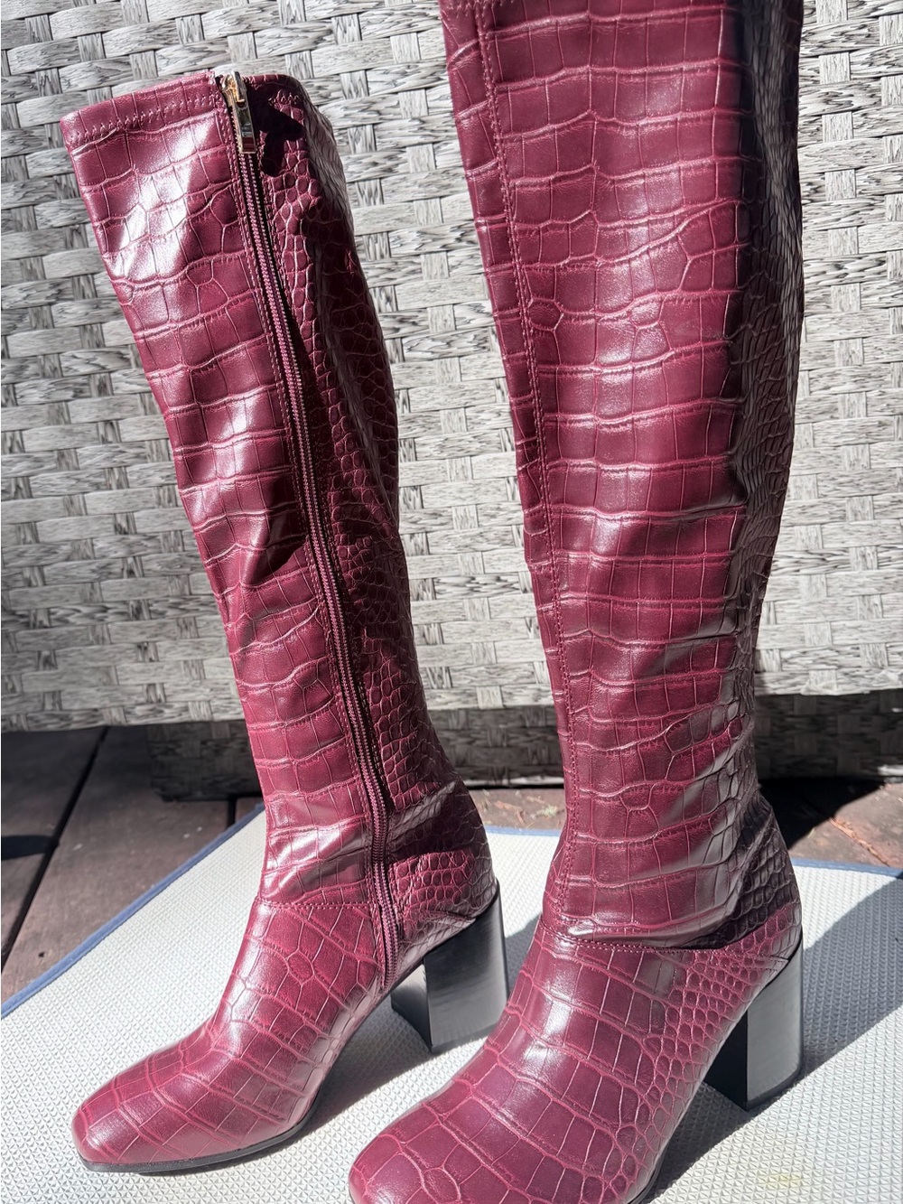 Franco Sarto Burgundy Croc-Embossed Over-the-Knee Block Heel Boots